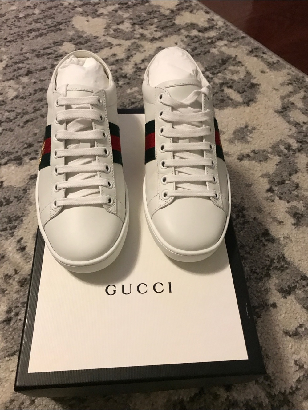 Gucci White Leather Sneakers with Green & Red Web and Gold Bee - Picture 2 of 2